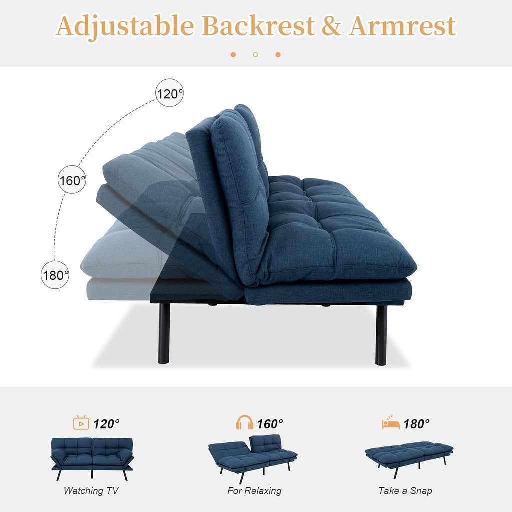 Opoiar Futon Sofa Bed Modern Memory Foam Sleeper Sofa Convertible Navy Couch Adjustable Armrest&Backrest Leather Futon for Living Space,Apartment,Office Sofabed