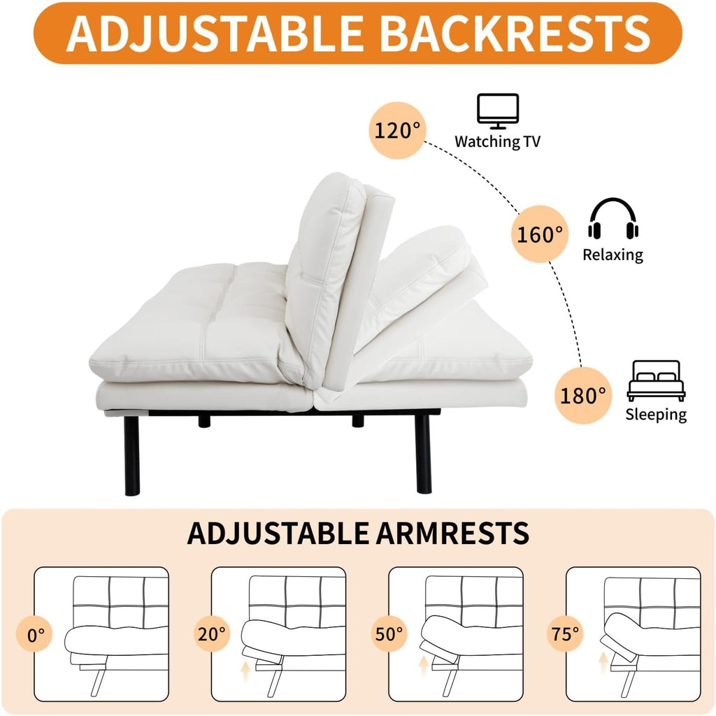 MUUEGM 71-Inch Convertible Futon Sofa Bed with Adjustable Backrest & Removable Armrests, Foldable Sleeper Loveseat for Small Space Living Room, Studio Apartment, Home Office，White