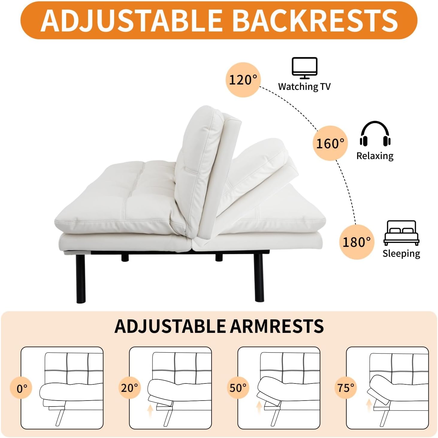 MUUEGM 71-Inch Convertible Futon Sofa Bed with Adjustable Backrest & Removable Armrests, Foldable Sleeper Loveseat for Small Space Living Room, Studio Apartment, Home Office，White