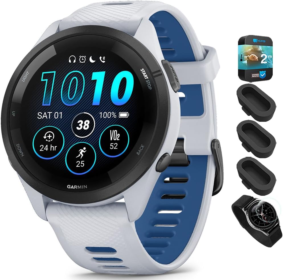 Garmin 010-02810-01 Forerunner 265 GPS Smartwatch Whitestone/Tidal Blue Bundle with Deco Essentials Silicone Dust Cover 3 Pack, Round Screen Protector and 2 YR CPS Enhanced Protection Pack
