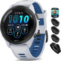 Garmin 010-02810-01 Forerunner 265 GPS Smartwatch Whitestone/Tidal Blue Bundle with Deco Essentials Silicone Dust Cover 3 Pack, Round Screen Protector and 2 YR CPS Enhanced Protection Pack