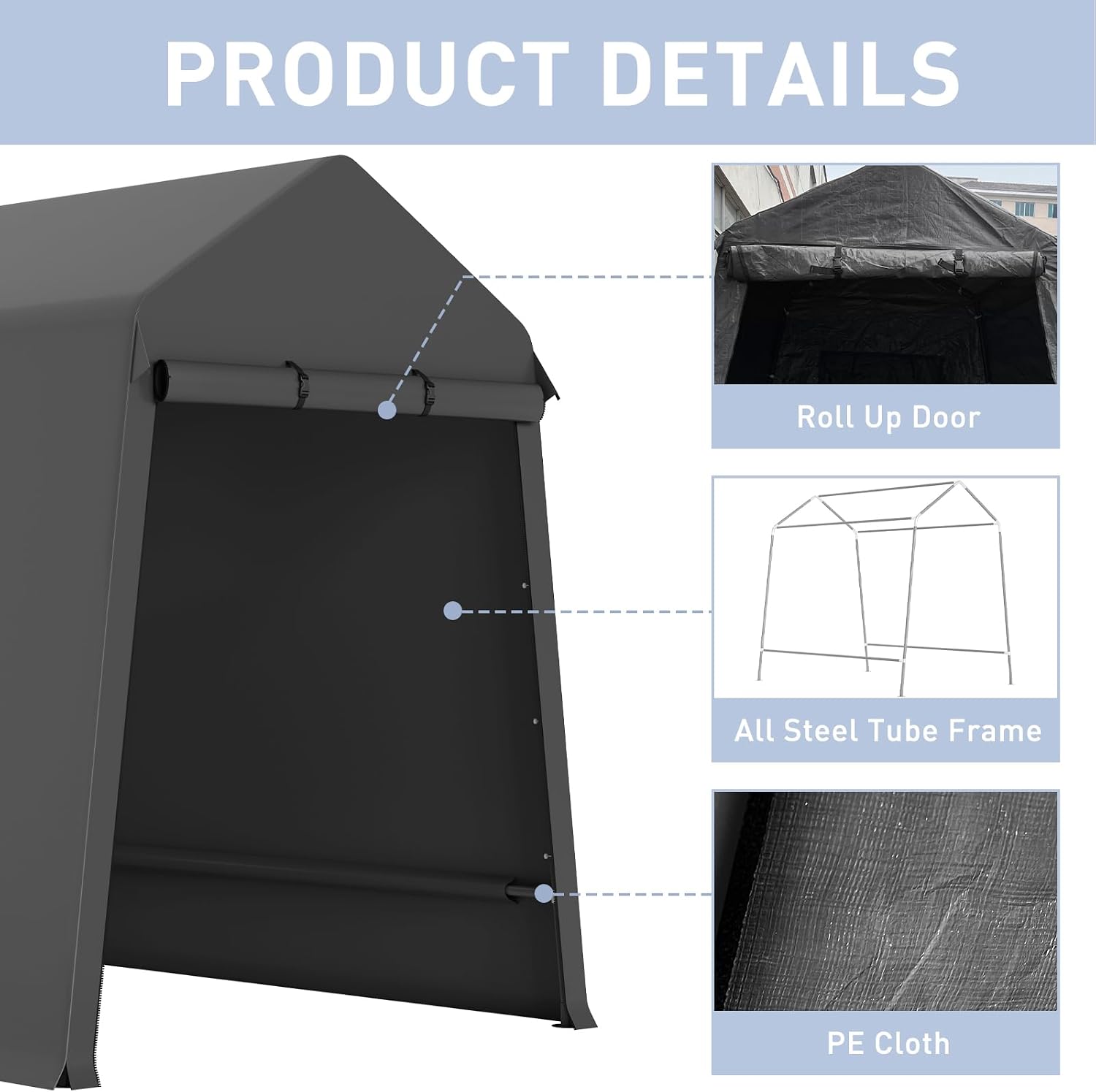 GarveeLife 6X8 ft Heavy Duty Outdoor Shed,Portable Storage Shed,with 2 Rolled Up Zipper Doors,Vents Carports & Waterproof Cover Temporary Shelter for Motorcycle,Gardening Tools and Generator(Black)