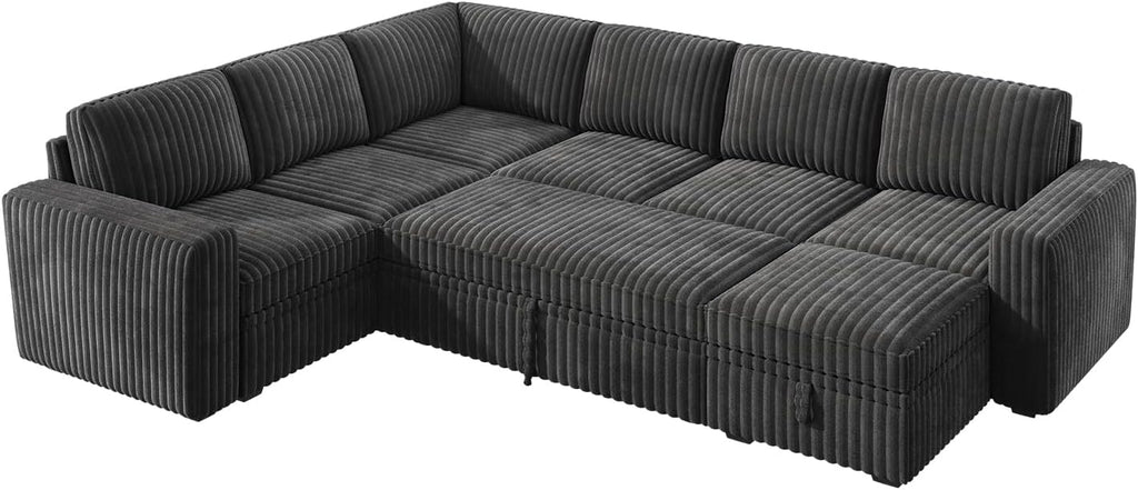 HONBAY Modular Sectional Sleeper Sofa with Pull Out Bed,Corduroy U Shaped Couch with Storage, Sectional Couches for Living Room,Dark Grey