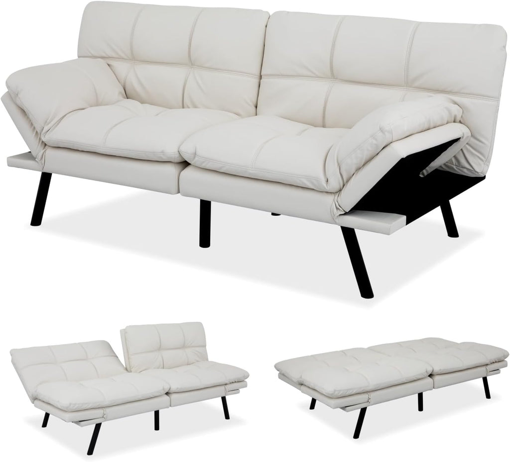 MUUEGM 71-Inch Convertible Futon Sofa Bed with Adjustable Backrest & Removable Armrests, Foldable Sleeper Loveseat for Small Space Living Room, Studio Apartment, Home Office，White