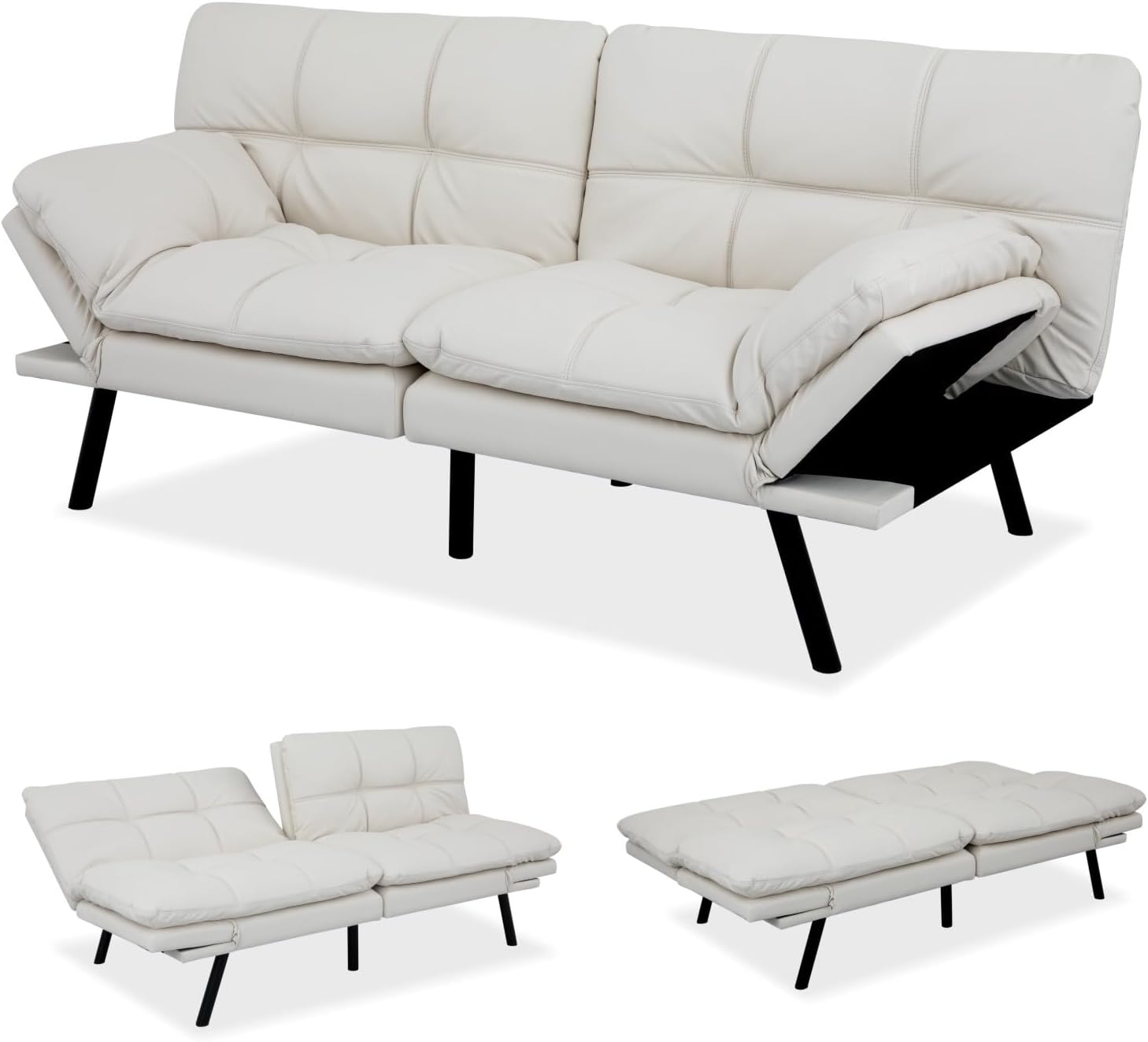 MUUEGM 71-Inch Convertible Futon Sofa Bed with Adjustable Backrest & Removable Armrests, Foldable Sleeper Loveseat for Small Space Living Room, Studio Apartment, Home Office，White