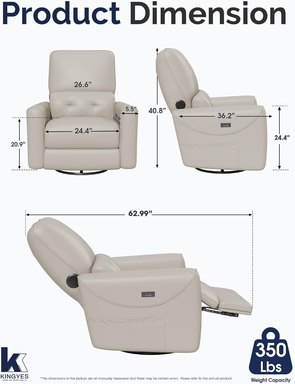 KINGYES Nursery Recliner Rocking Chair, 270° Swivel Glider, with Bluetooth Speaker & USB-C Port, Faux Leather Nursery Rocking Chair, Gray