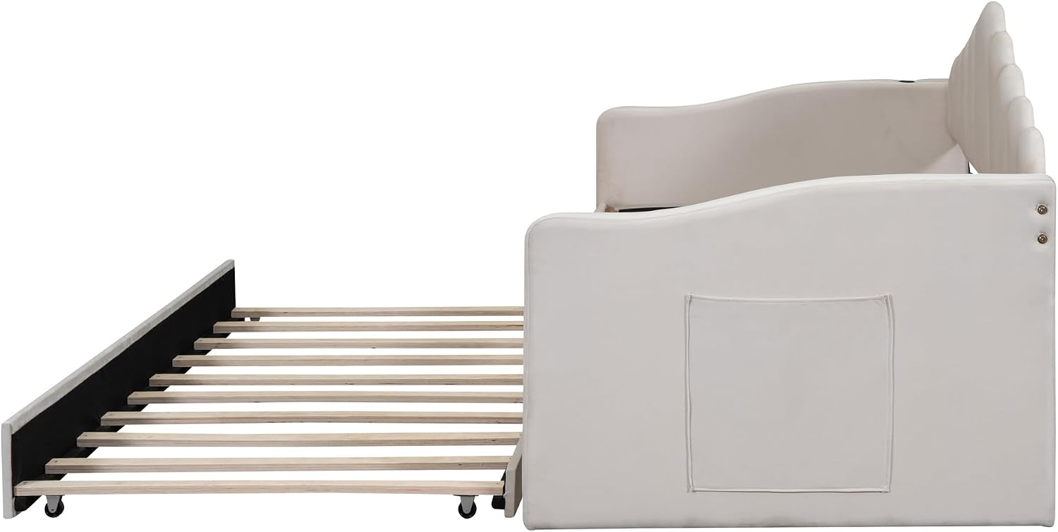 Bellemave Twin Size daybed with Trundle for Adults, Kids, Girls, Teens, daybeds with Trundle for Living Room, Velvet, Beige(Mattress not Included)