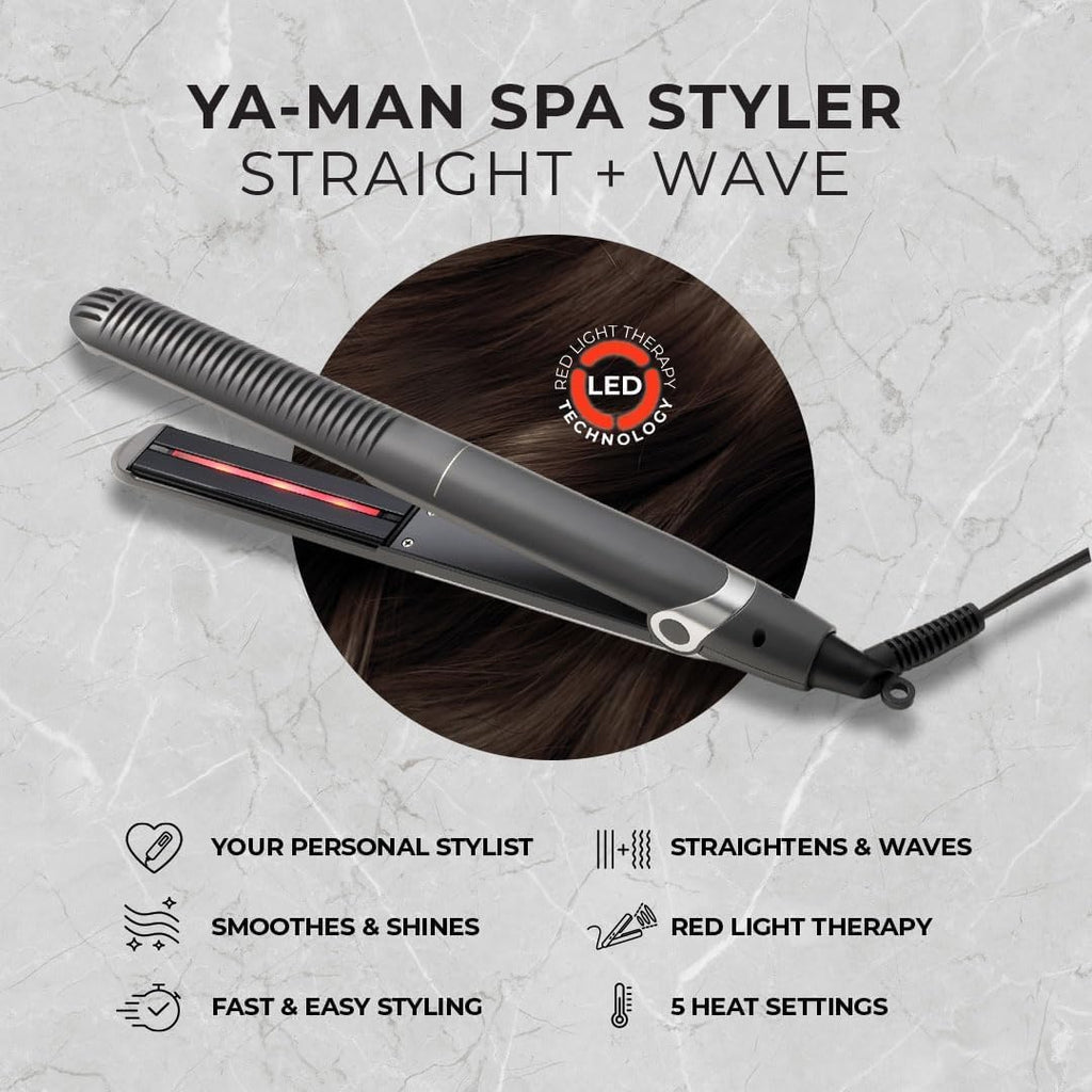 YA-MAN Spa Styler Straight+Wave Flat Iron Hair Straightener and Curler 2in1 - Advanced Japanese Technology, Dual Voltage, Titanium Tourmaline Plates with Red Light Therapy, 5 Settings (Slate Gray)