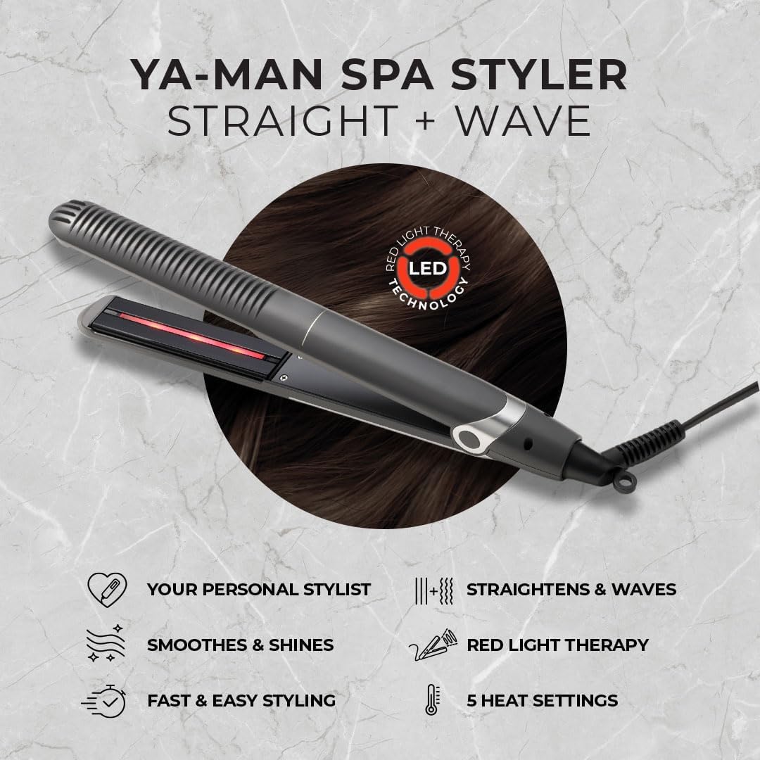 YA-MAN Spa Styler Straight+Wave Flat Iron Hair Straightener and Curler 2in1 - Advanced Japanese Technology, Dual Voltage, Titanium Tourmaline Plates with Red Light Therapy, 5 Settings (Slate Gray)