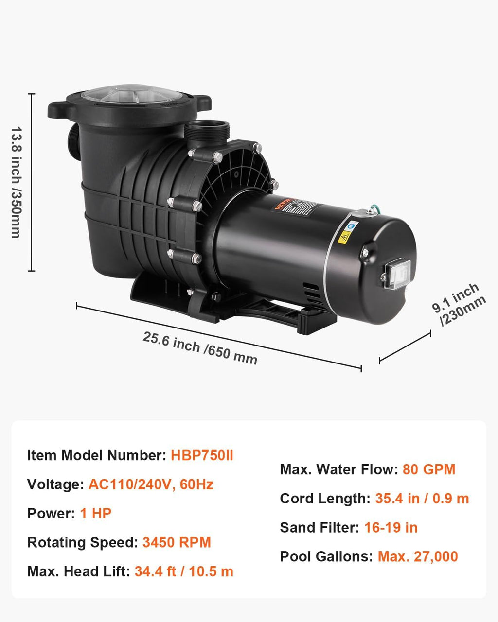 VEVOR Above Ground Pool Pump, 1HP, 80 GPM Max. Flow Single Speed Swimming Pool Pump, 110V/240V 3450RPM 34.4ft Max. Head Pool Pump with Filter Basket for Above Ground Pools, Hot Tubs, or Spas