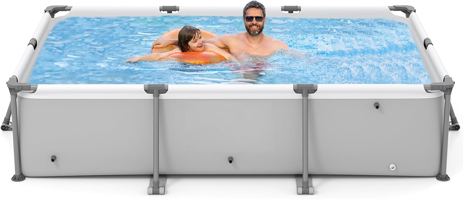 Goplus Above Ground Swimming Pool, 10'x6.8'x26'' Metal Frame Pool Set w/PVC Fabric, 3 Stoppers, Drainage Valve Connector, for Outdoor, Backyard, Garden, Patio (10' x 6.8' Rectangle, 978 Gal, Grey)