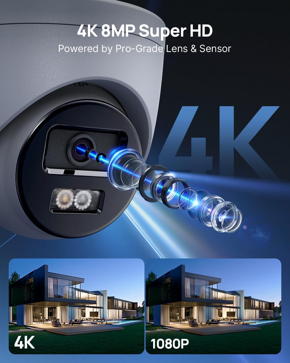 ANNKE C800 4Pcs Ultra HD 4K PoE Security Cameras with AI Human/Vehicle Detection, 8MP Turret IP Camera with Audio, Spotlight Color Night Vision, H.265+, IP67 Weatherproof, Support 512GB Micro SD