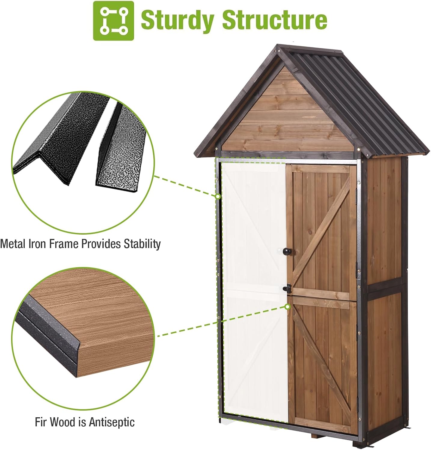 GUTINNEEN Outdoor Storage Shed with All Around Strong Metal Frame, Garden Tool Sheds Cabinet with Floor & Adjustable Shelves, Wooden Tool House for Backyard Garden Patio Lawn 67.1' H (Dark Brown)