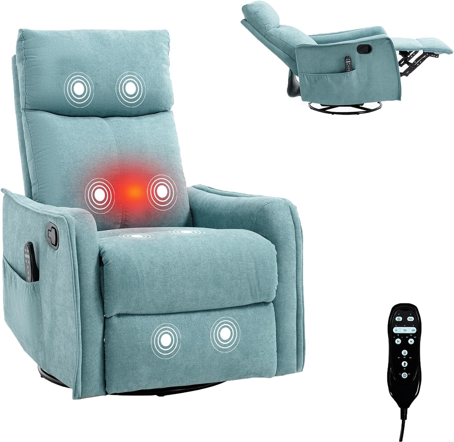 Massage Chair Recliner with Heat, 360° Swivel Glider Rocker with Reclining Backrest and Footrest, Manual Lazy Boy Recliners for Adults, Modern Nursery Rocking Chairs (Antique Blue Green)