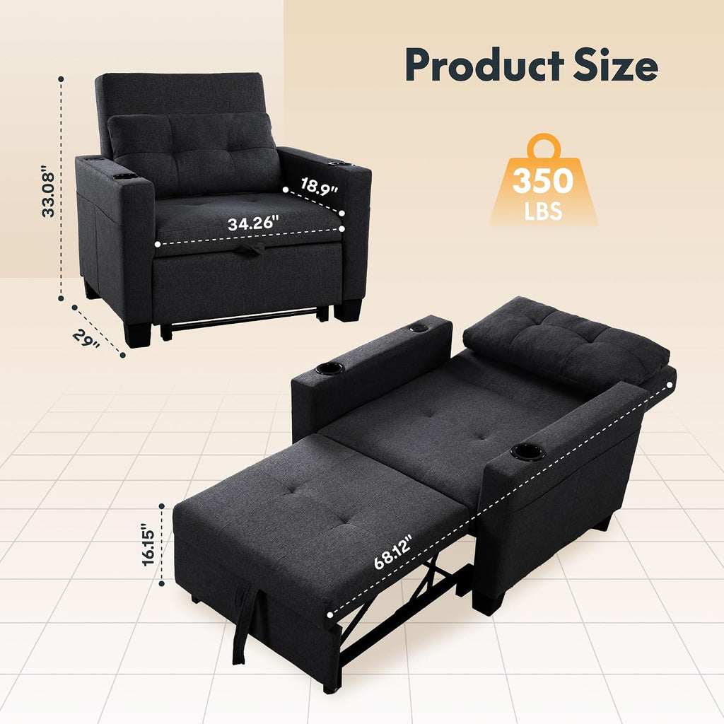 FLEXISPOT XCT2 Sleeper Chair Bed with USB Ports & Cup Holders, 3-in-1 Convertible Sofa Bed for Living Room, Pull-Out Sofa Chair with Pillows, Adjustable Backrest, Small Space Furniture (Black)