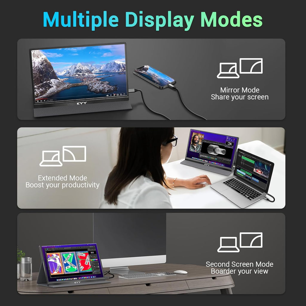 KYY Portable Screen 15.6inch FHD 1080P Laptop Monitor USB C HDMI Gaming Ultra-Slim IPS Display w/Smart Cover & Speakers, External for Laptop PC Phone Mac Xbox PS5/PS4