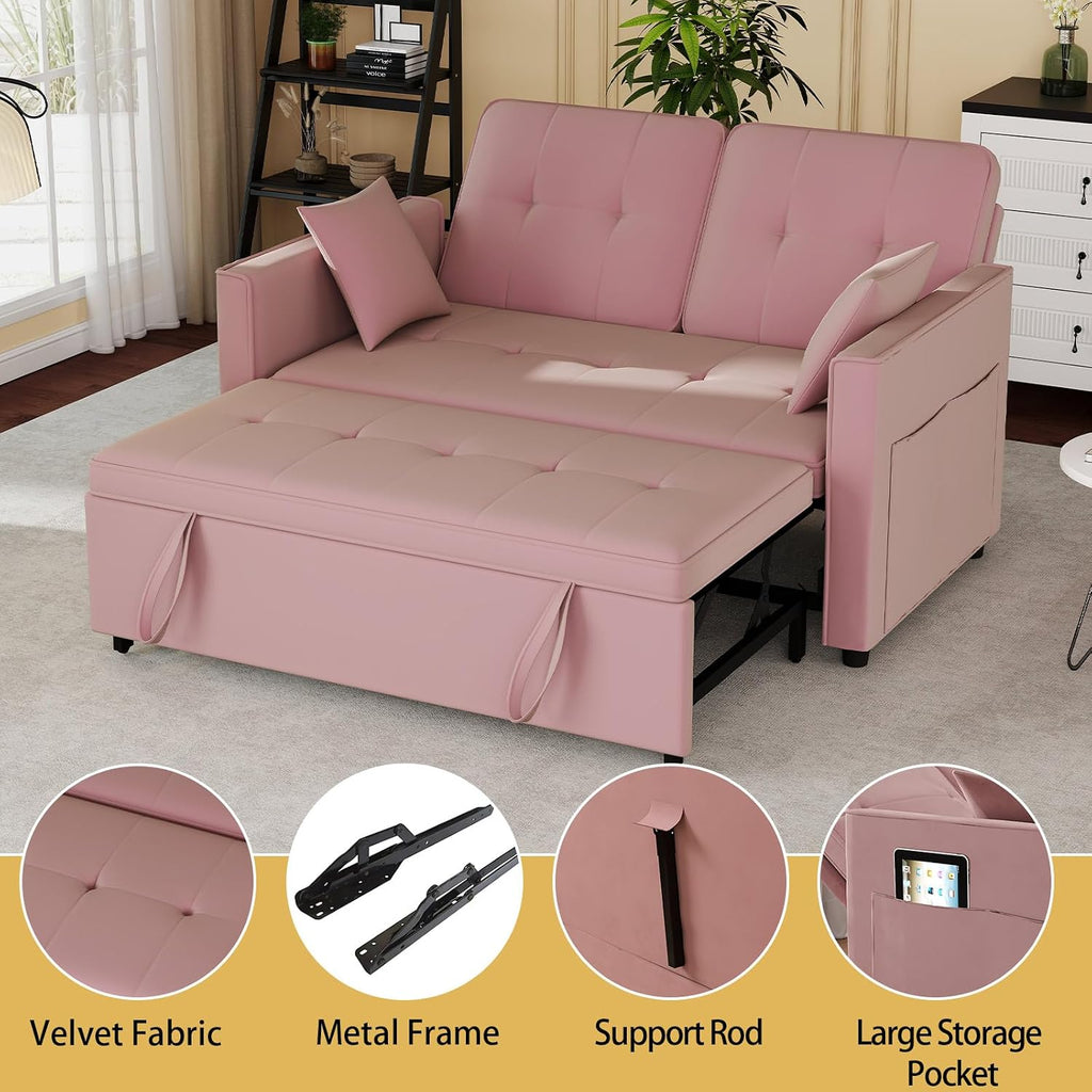 Pink Convertible Sofa Bed: 3 in 1 Sleeper Sofa Couch Bed, Pull Out Couch with Adjustable Backrest, Velvet Convertible Loveseat Sleeper, for Living Room, for Living Room(Pink)