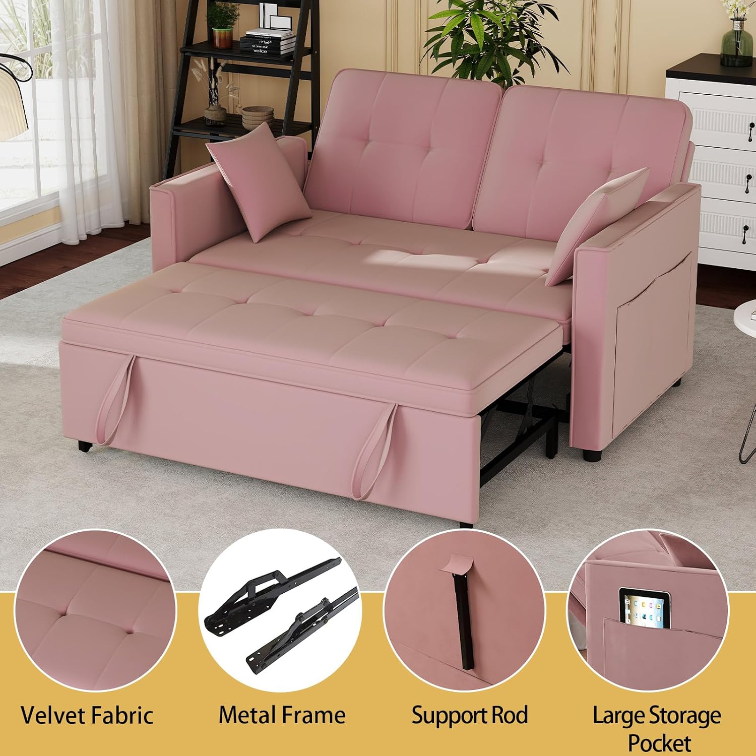 Pink Convertible Sofa Bed: 3 in 1 Sleeper Sofa Couch Bed, Pull Out Couch with Adjustable Backrest, Velvet Convertible Loveseat Sleeper, for Living Room, for Living Room(Pink)
