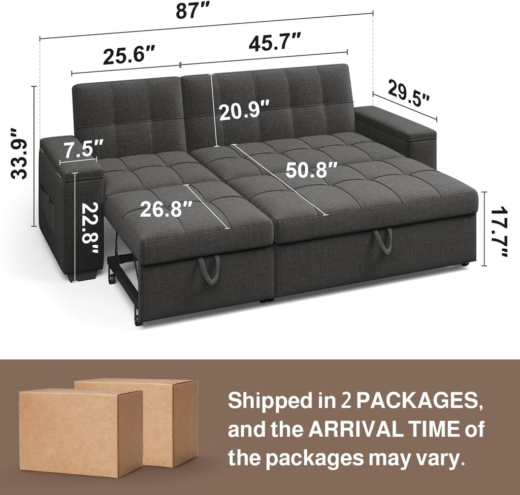 Ahomly 87' Convertible Sofa Bed – Space-Saving Sleeper with Pull-Out Design, Adjustable Backrest, Wide Armrests with Storage, Plush Cushions, Cozy for Small Spaces (Dark Grey)