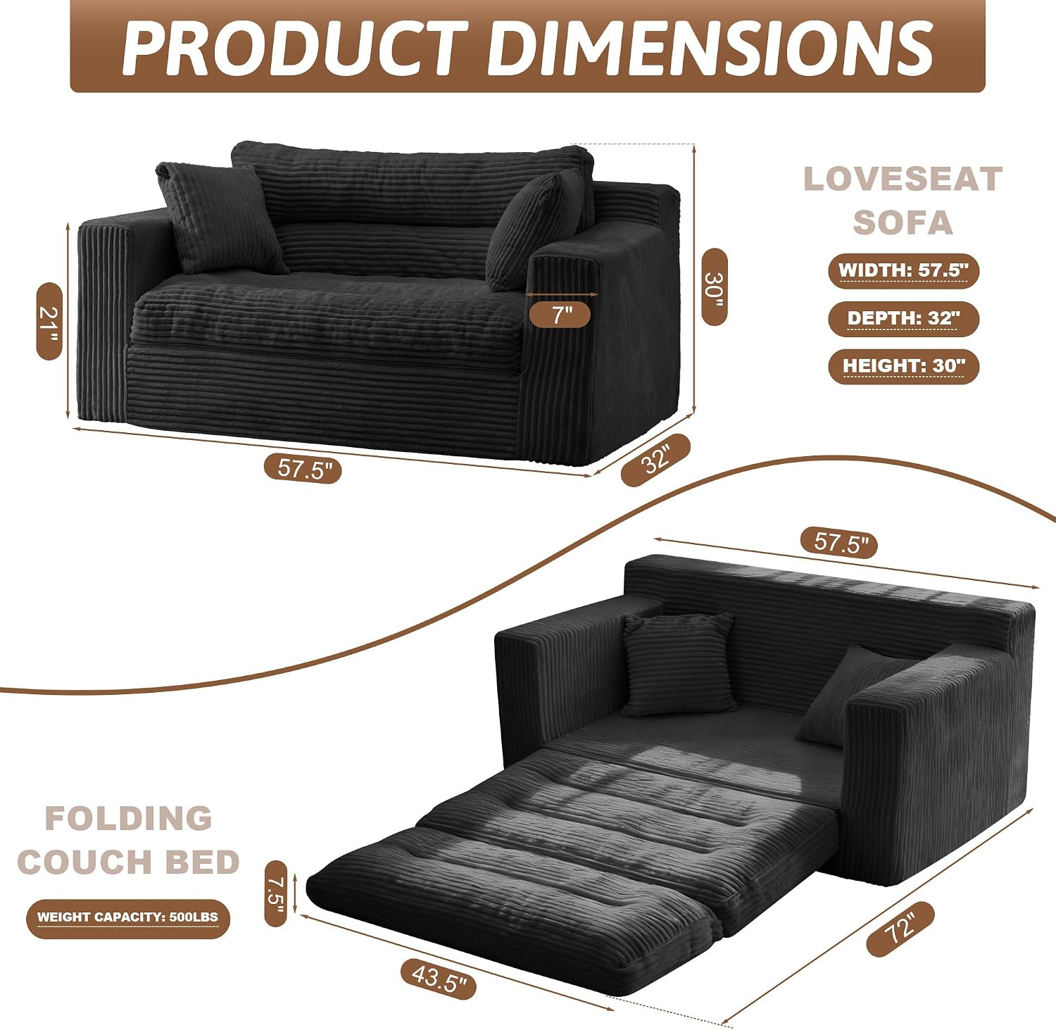 Convertible Sofa Bed, Pull Out Boneless Couch Loveseat Floor Sofa Bed with Pillows, 2-Seater Folding Sofa Loveseat Boneless Couch for Living Room, Bedroom, Apartment, Office (Black)