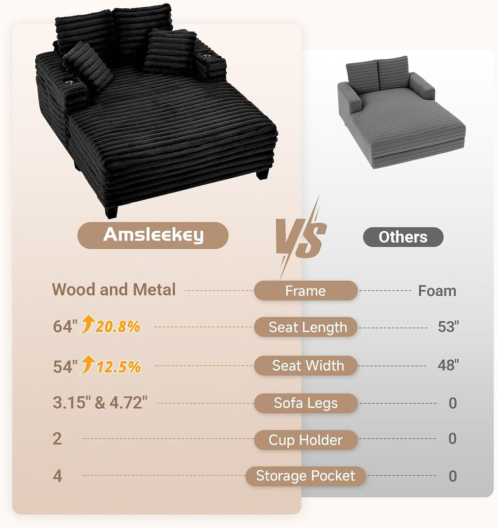 Amsleekey 64' Chaise Lounge Chair Indoor, Oversized Sleeper Chair with Wood Frame, Upholstered Sofa Bed for Living Room, Movie Room, Bedroom with 4 Storage Pockets&2 Cup Holders(Plush Corduroy, Black)