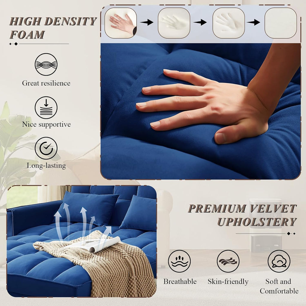 3 in 1 Convertible Sleeper Sofa Bed, Futon Couches for Living Room with Side Pocket/Adjustable Backrest, Velvet Upholstered Pull Out Couch, Small Loveseat Sofa Bed for Bedroom Office Small Spaces