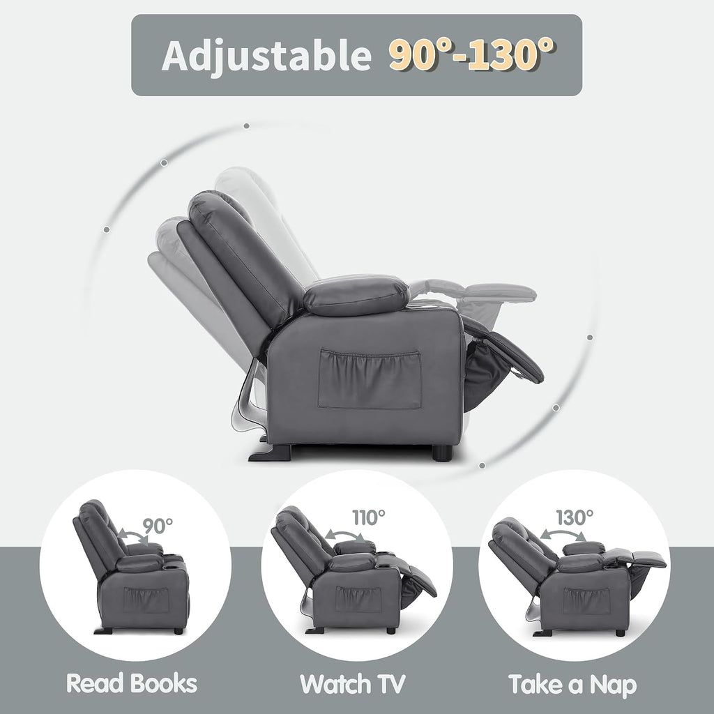 MCombo Big Kids Recliner for Ages 3+, Child Reclining Chair, Toddlers Recliner Sofa with Cup Holders, Faux Leather, 7322(Dark Grey)