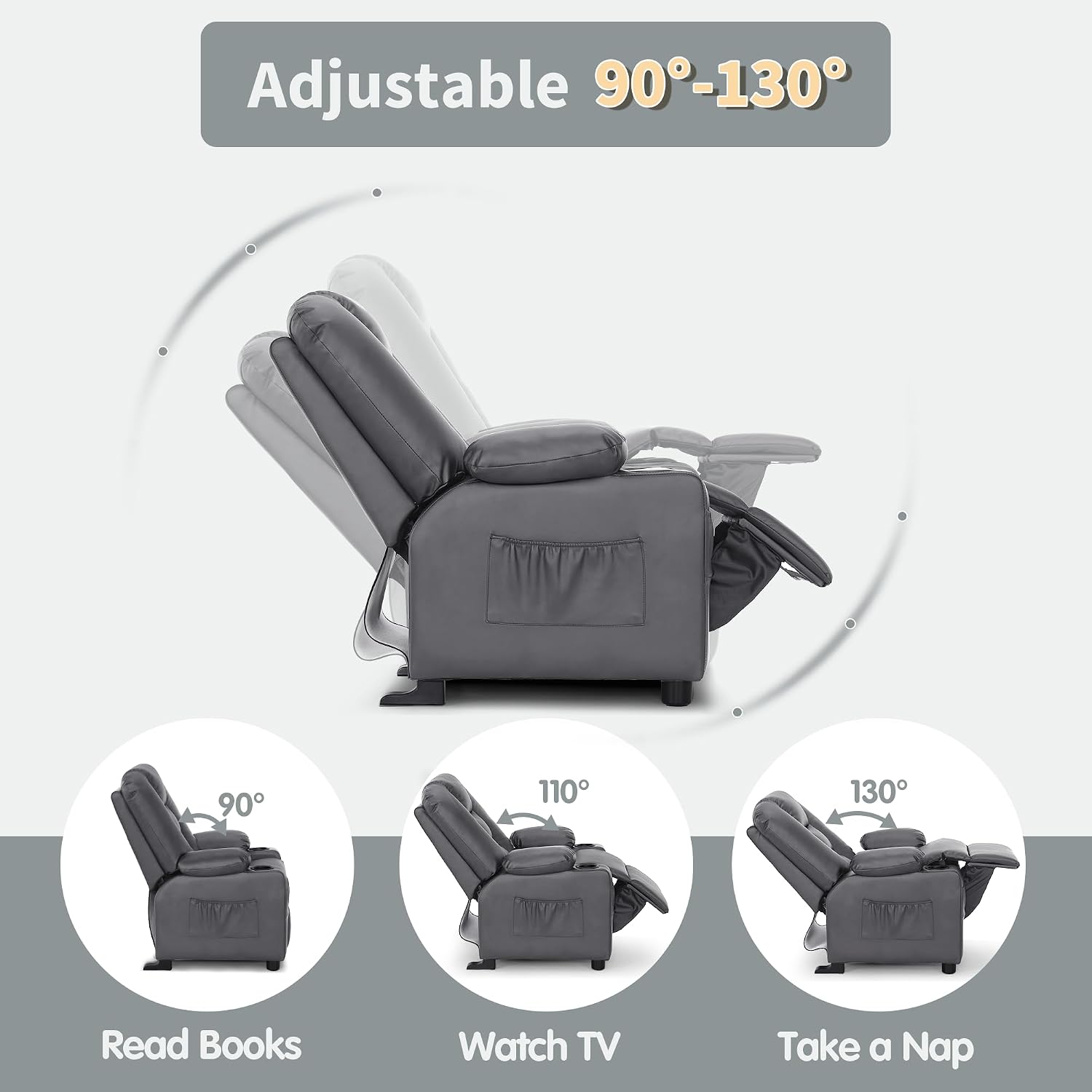 MCombo Big Kids Recliner for Ages 3+, Child Reclining Chair, Toddlers Recliner Sofa with Cup Holders, Faux Leather, 7322(Dark Grey)