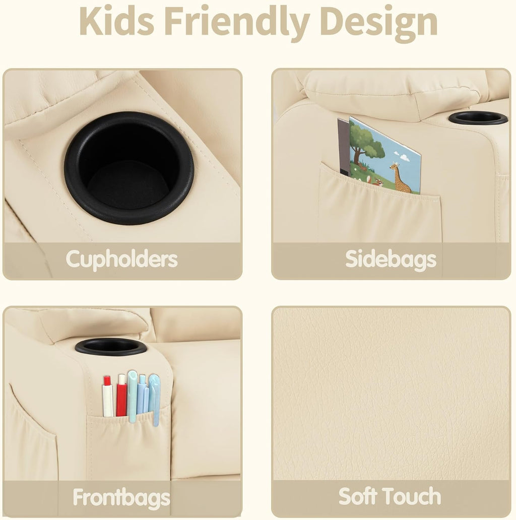 MCombo Big Kids Recliner for Ages 3+, Child Reclining Chair, Toddlers Recliner Sofa with Cup Holders, Faux Leather, 7322(Cream White)