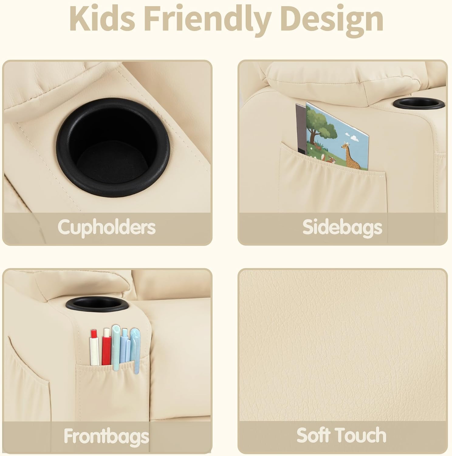 MCombo Big Kids Recliner for Ages 3+, Child Reclining Chair, Toddlers Recliner Sofa with Cup Holders, Faux Leather, 7322(Cream White)