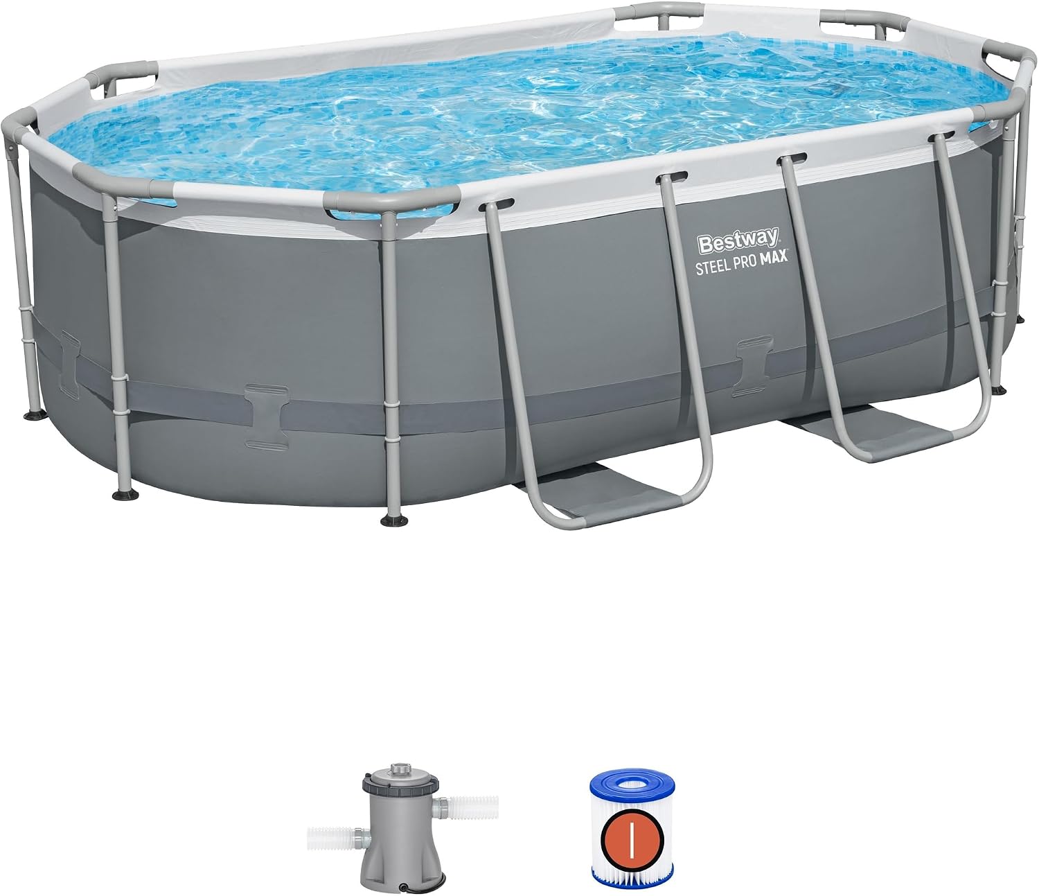 Bestway Steel Pro MAX 10' x 6'7' x 33' Oval Above Ground Swimming Pool Set, 330 GPH Filter Pump, Tritech Puncture Resistant Liner, ClickConnect Steel Frame, Gray