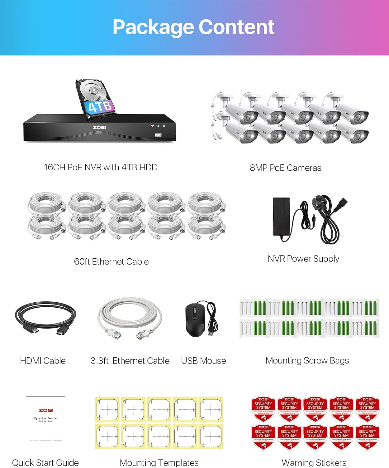 ZOSI 24CH 4K PoE Security Camera System, 10pcs 4K Outdoor PoE Wired Cameras, Face/Person/Vehicle Detection, 2 Way Talk, Spotlight Siren, 16 Port 24CH 8MP Dual-Disk NVR with 4TB HDD for 24/7 Recording