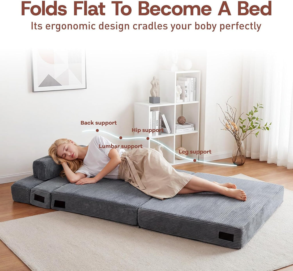 YEPDIN Folding Sofa Bed,Convertible Sofa Bed with Armrest Foldable Sleeper Chair, Portable Folding 4-in-1 Floor Sofa with Convertible Lounge Chair for Living Room,Bedroom,Washable Cover,Grey Single