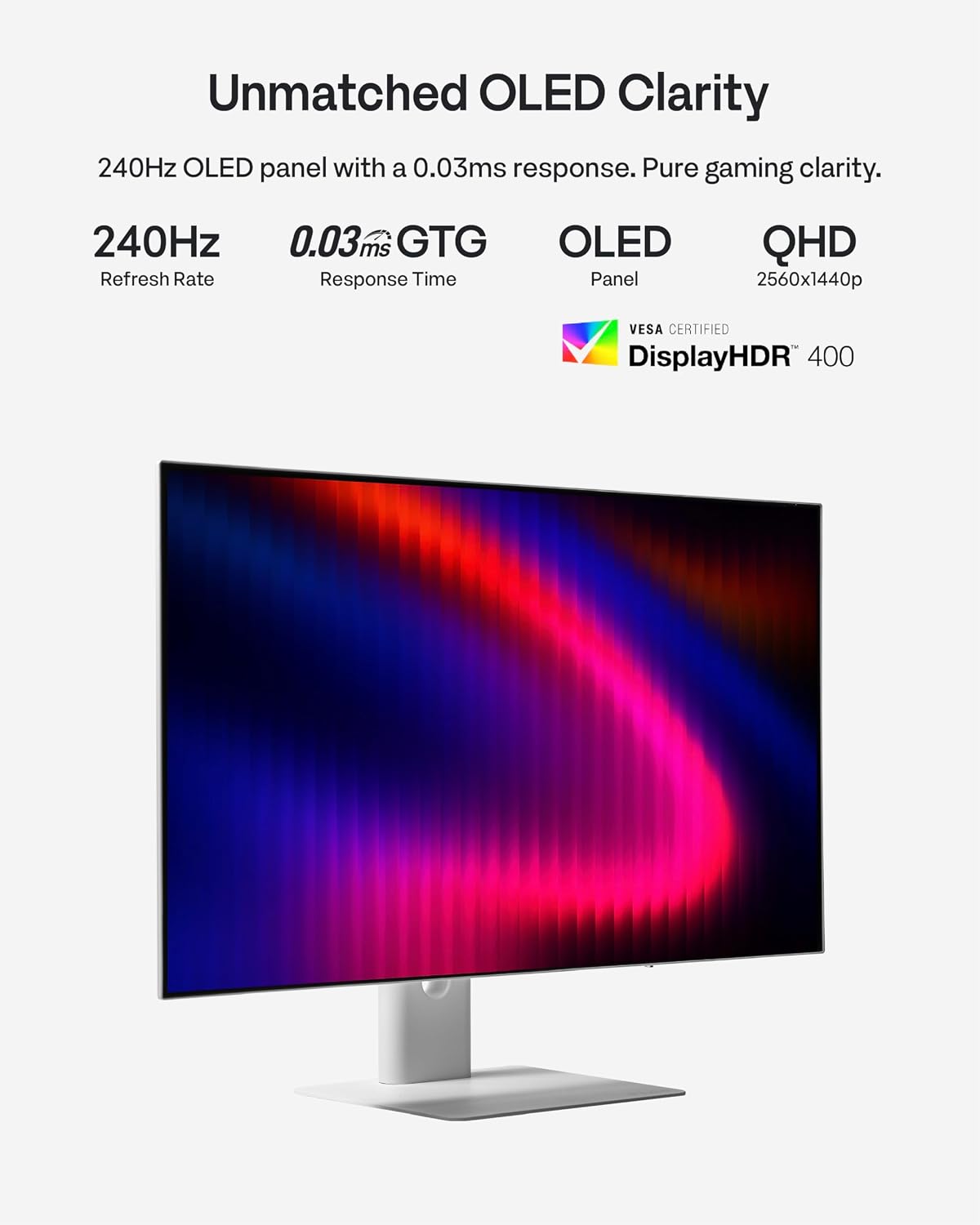 27' WOLED White Gaming Monitor, QHD 1440p, 240Hz, 0.03ms, DisplayHDR True Black 400, Adaptive Sync, KVM switch, Fully Adjustable Stand, HDMI 2.1, DisplayPort, USB-C, RGB light, PX277 OLED Max V2 White