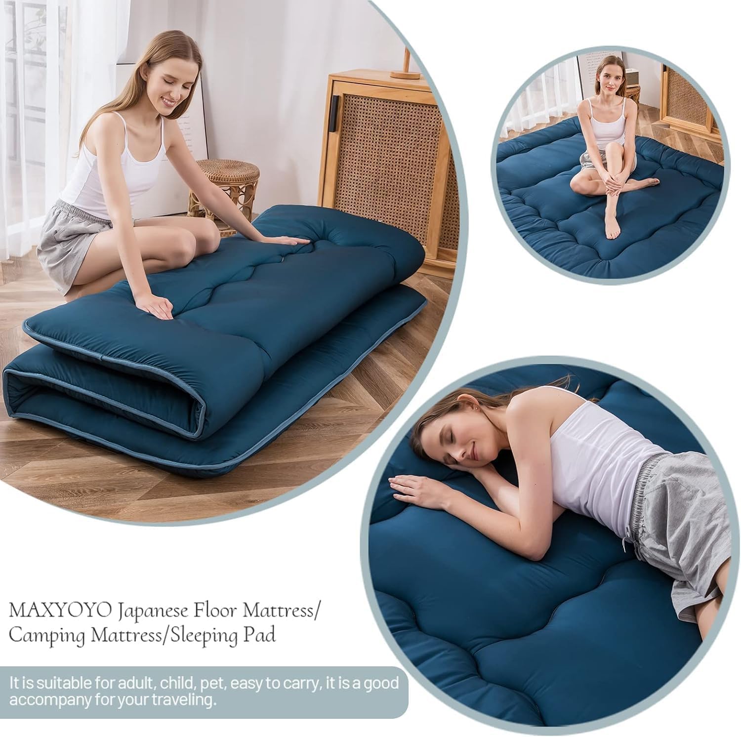 MAXYOYO Japanese Floor Mattress Futon Mattress, Thicken Sleeping Pad Foldable Roll Up Floor Futon for Adults Tatami Mat Dormitory Lounger, Bluestone, Queen Size