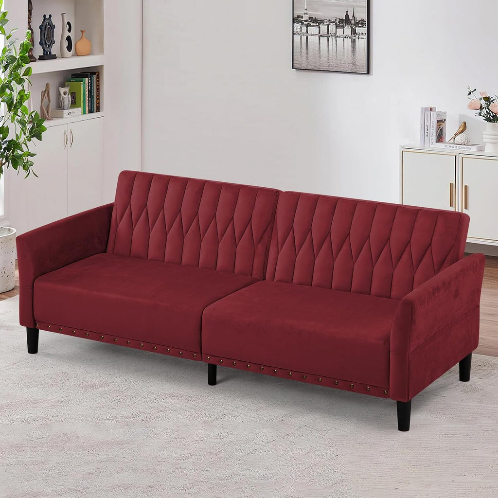 77' Velvet Sofa Bed with Adjustable Armrests and Backrests,Tufted Convertible Futon Couch with Nailhead Trim, Loveseat Modern Velvet Sleeper Sofa for Living Room,Bedroom,Office, Red