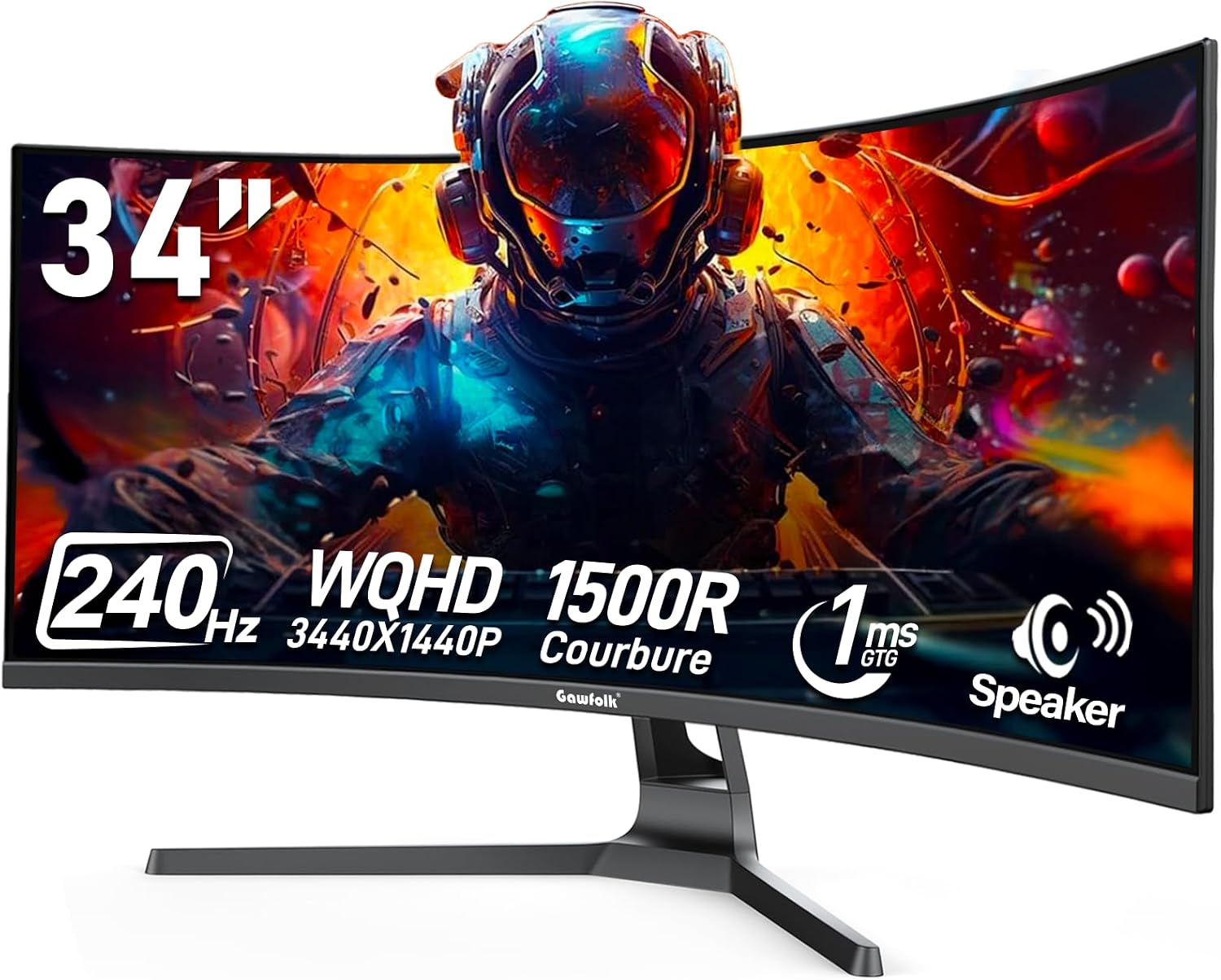 Gawfolk 34 Inch Curved Gaming Monitor, 240Hz Ultrawide PC Monitors Built-in Speakers, UWQHD (3440x1440) 1500R Computer Screen mit FreeSync, HDMI 2.0 & DP 1.4, Wall Mountable