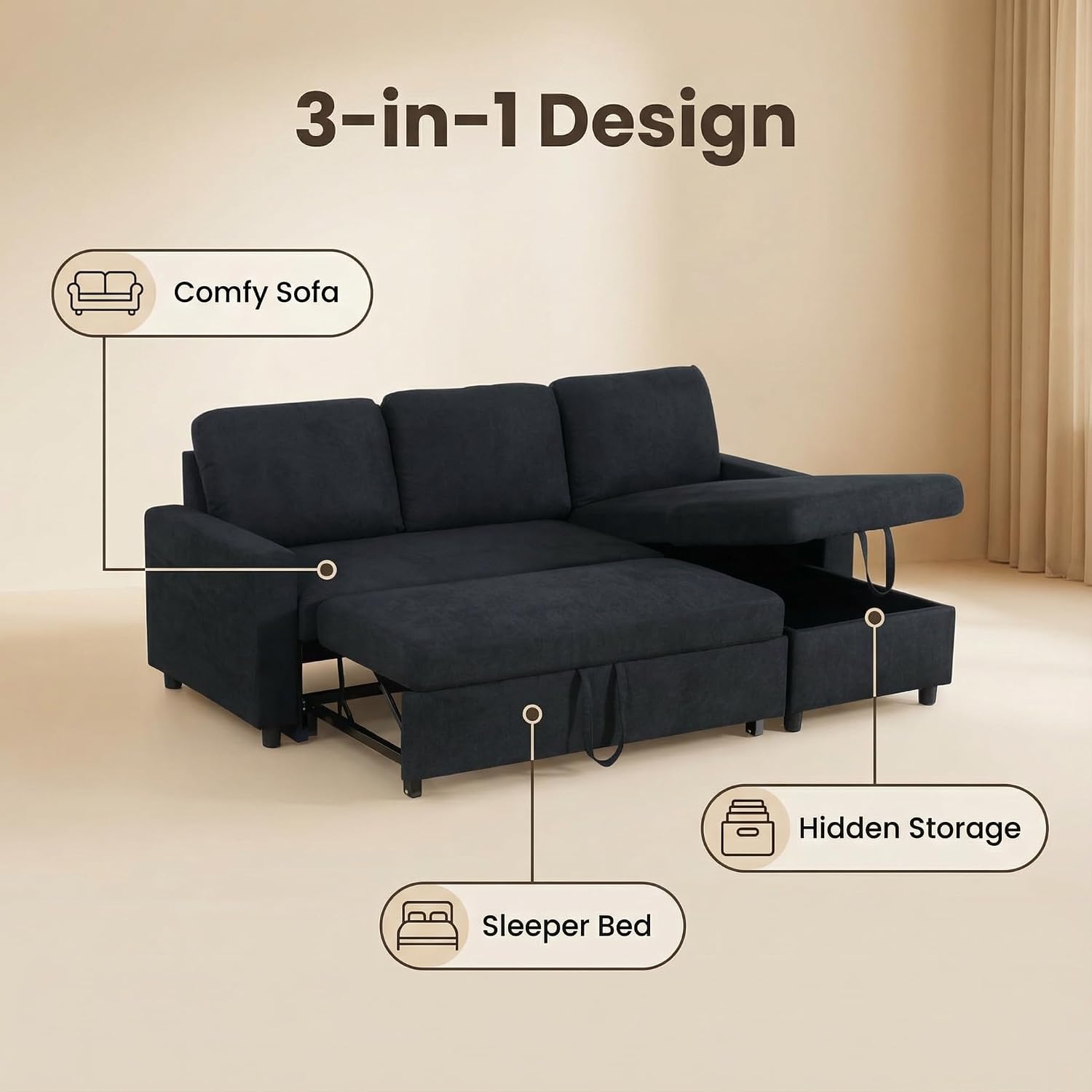83 Inch L-Shape Sleeper Sofa with Pull Out Bed, 3-in-1 Pull-Out Couch with Storage Chaise, Sectional Convertible Couch for Living Room, Apartment, Black