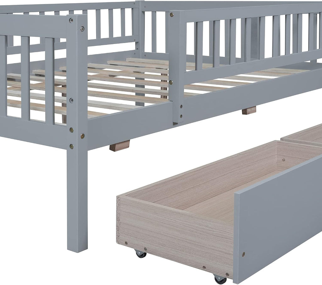 Montessori Bed Frame with Fence Railings and 2 Drawers for Kids,Full Size Wood Low Platform Bed Frame with Full-Length Safety Guardrails for Boys Girls,No Box Spring Needed,Grey