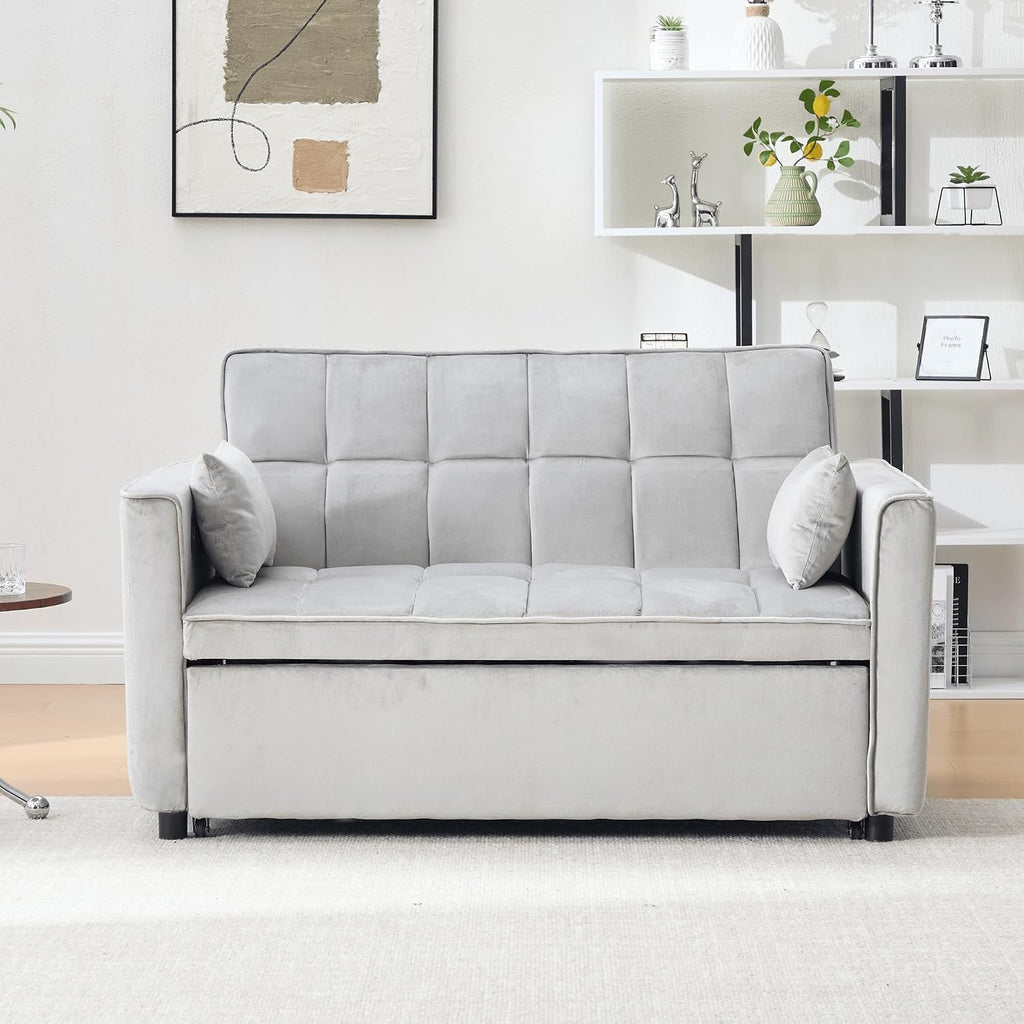 Velvet 3-in-1 Convertible Sofa Bed - USB Charging Port, Adjustable Backrest Loveseat Sleeper for Small Space Apartment, Versatile Futon Pull Out Couch for Living Room,Gray
