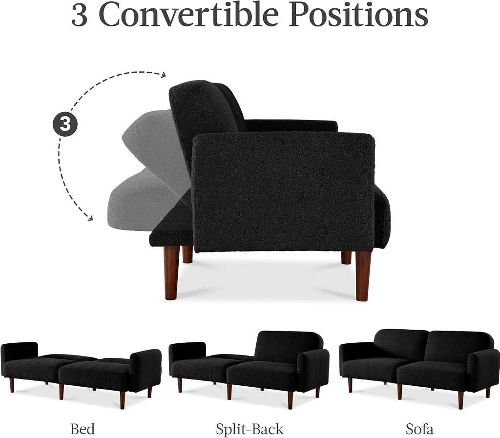 Best Choice Products 77' Mid Century Modern Boucle Loveseat Sofa, Couch, Convertible Sofa Sleeper Bed w/Real Wood, Removable Armrest - Midnight Black