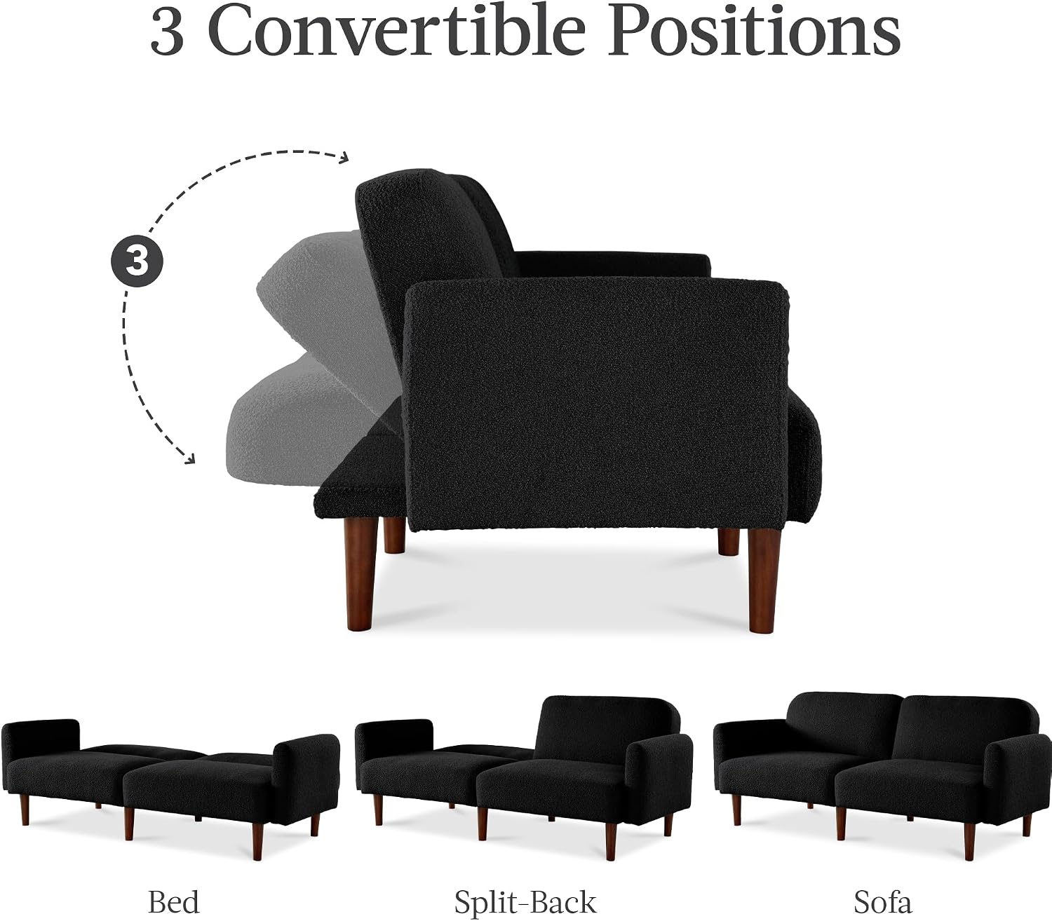 Best Choice Products 77' Mid Century Modern Boucle Loveseat Sofa, Couch, Convertible Sofa Sleeper Bed w/Real Wood, Removable Armrest - Midnight Black