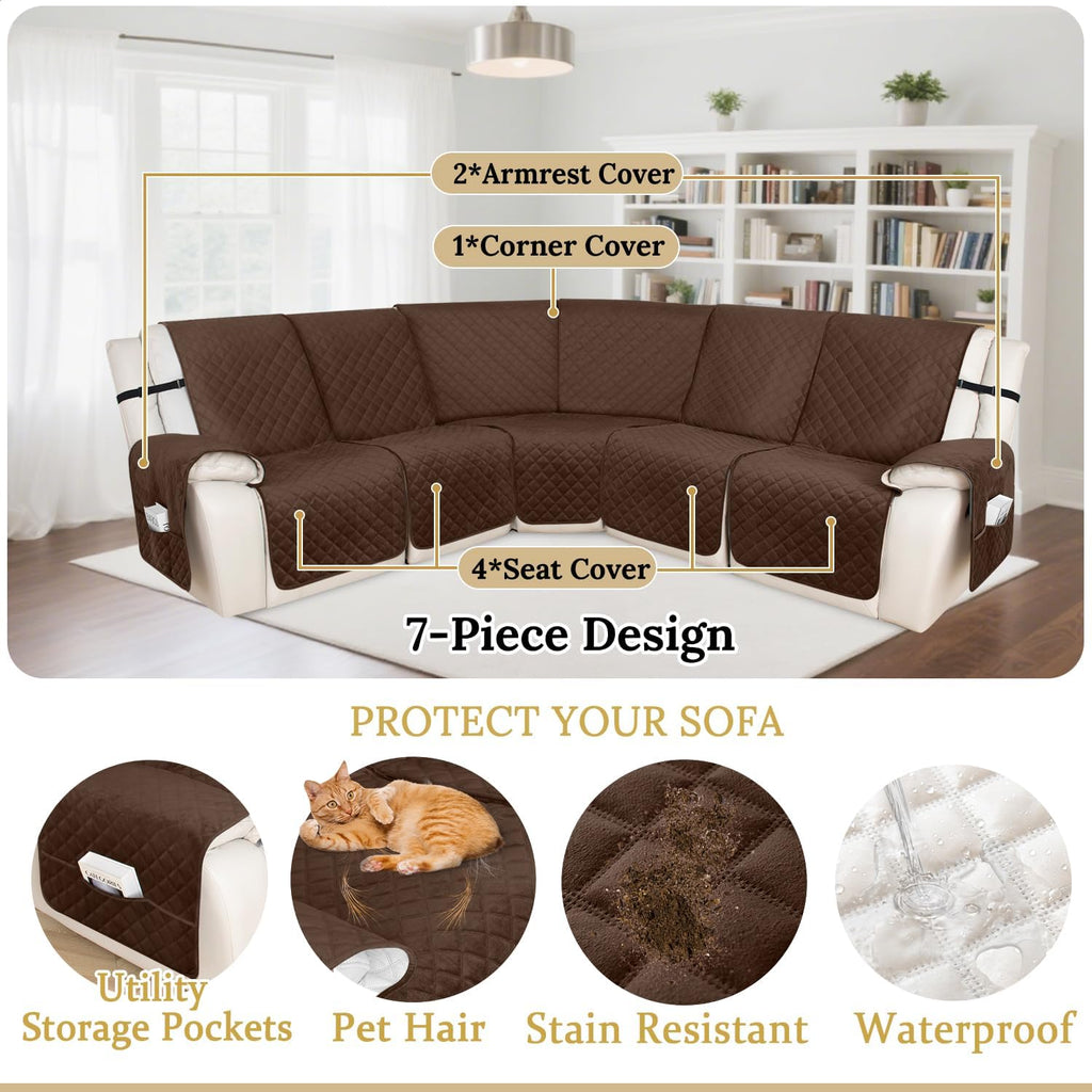HDCAXKJ 100% Waterproof Velvet Recliner Sectional Couch Covers L Shaped Corner Reclining Sofa Cover Washable Thick Non Slip Sectional Slipcover with Pockets (5 Seat and 1 Middle Console, Coffee)