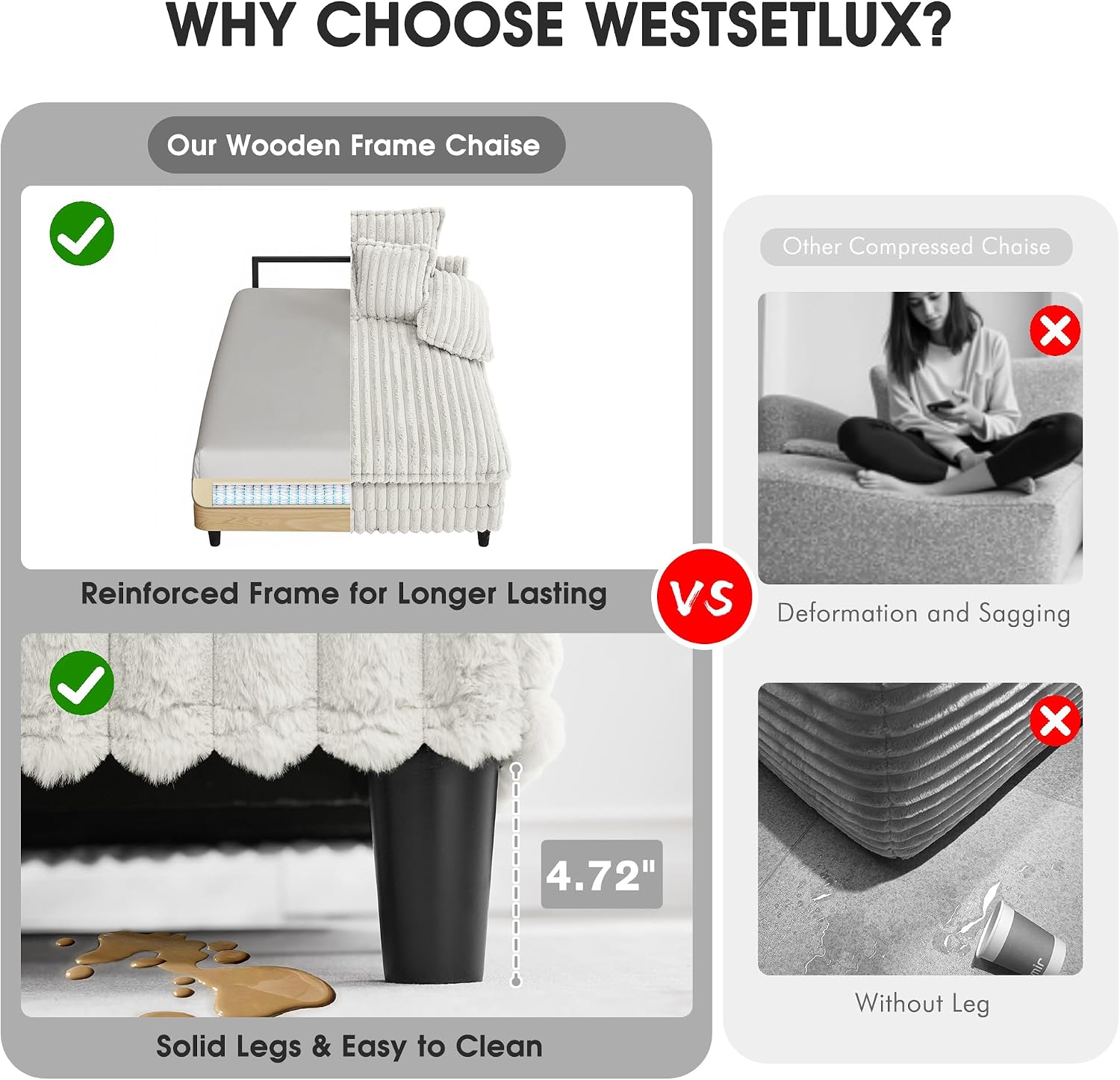 WESTSETLUX 54.8' W Oversized Chaise Lounge Chair Indoor with 5-Position Adjustable Backrest, Plush Sleeper Sofa Bed with Pillows, Upholstered Cloud Couch Chair for Living Room, Study Room, Silver Grey