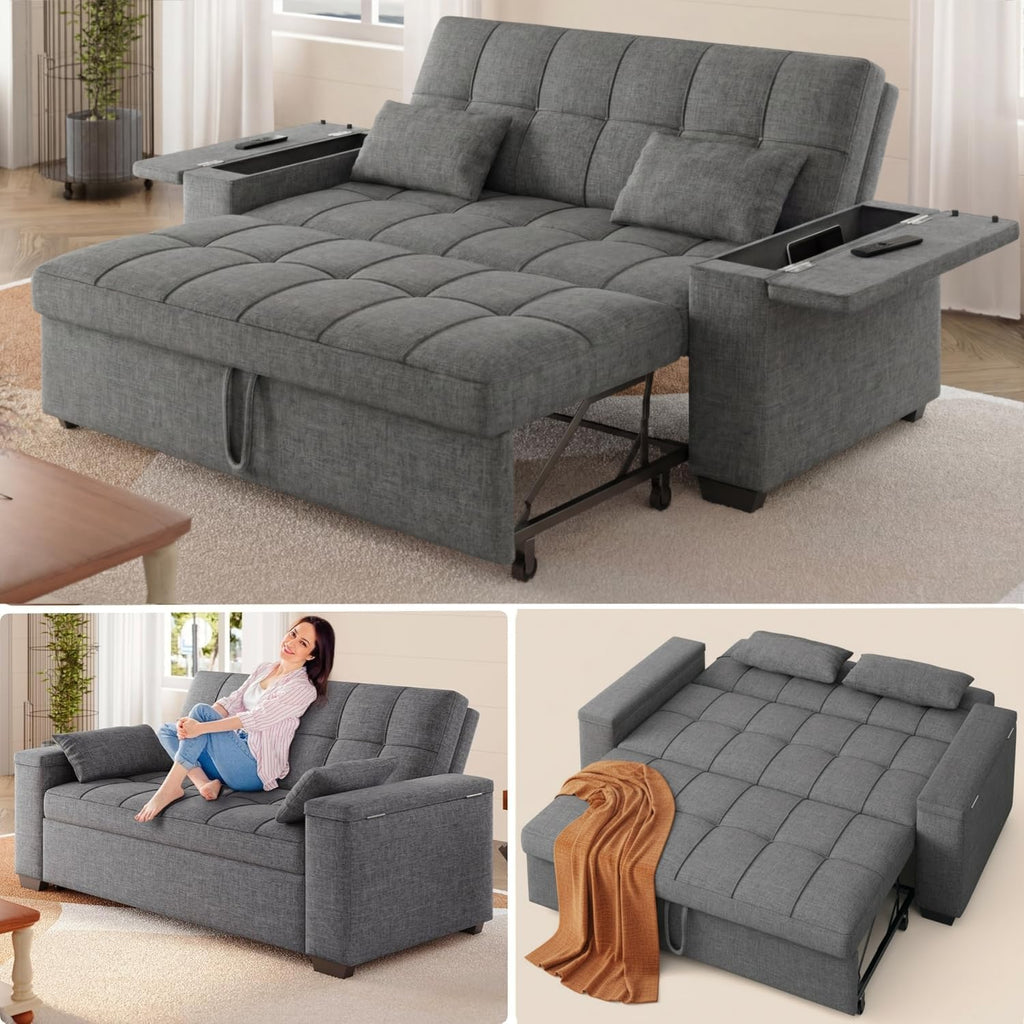 Gizoon 3 in 1 Convertible Sofa Bed, 63.6'' Pull Out Couch with Storage Armrests, Sofa Cama, Adjustable Backrest & Pockets, Linen Loveseat Sleeper for Small Apartment Living Room, Dark Grey
