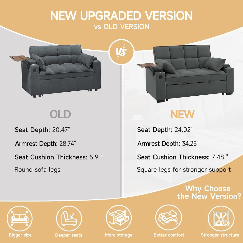 Auvsoce 65' Sleeper Sofa Bed Loveseat, Convertible Couch for Living Room, RV Sofa with Adjustable Backrest, Chaise Lounge, Side Table, USB & Type-C Ports