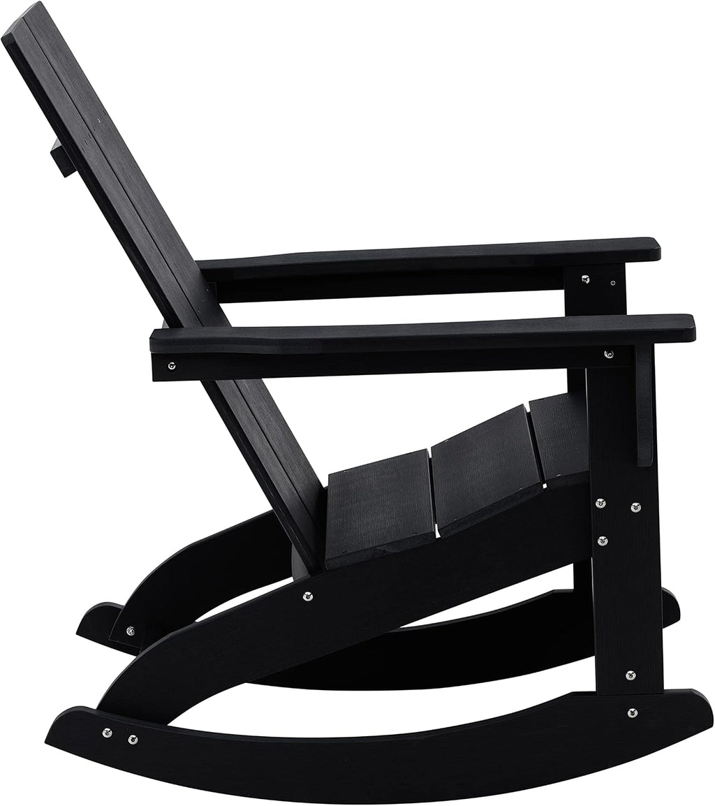 EMMA + OLIVER Harmon Adirondack Rocking Chair - Black Poly Resin - Suitable for Indoor/Outdoor Use - All Weather Materials - Easy Assembly - 350 lb. Weight Capacity