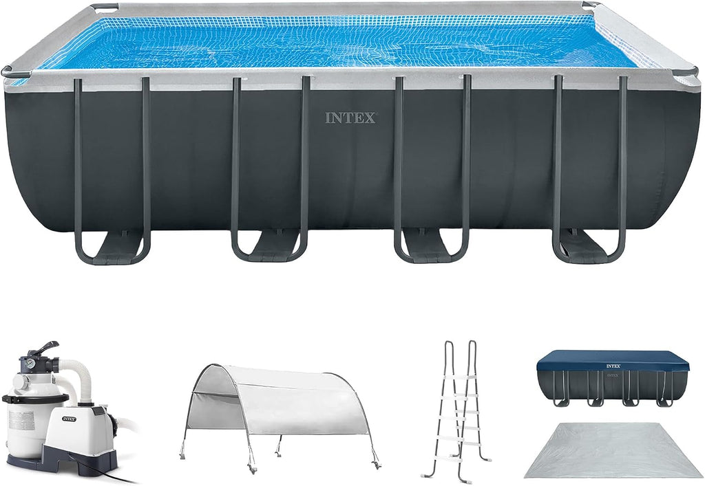 Intex 18 Foot by 52 Inch Ultra XTR Framed Above Ground Swimming Pool Set with Sand Filter Pump, Pool Cover and Ladder, Canopy, and Ground Cloth, Gray
