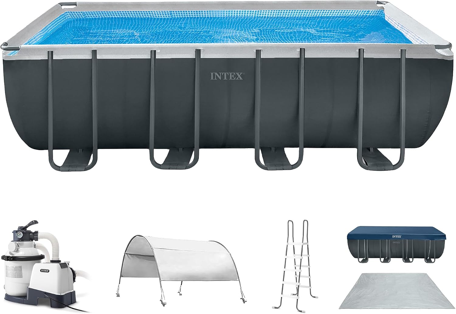 Intex 18 Foot by 52 Inch Ultra XTR Framed Above Ground Swimming Pool Set with Sand Filter Pump, Pool Cover and Ladder, Canopy, and Ground Cloth, Gray