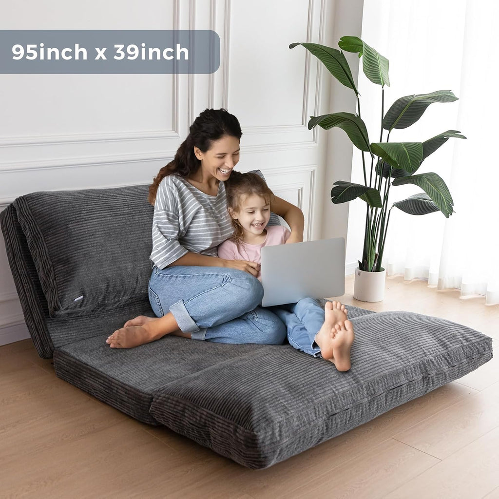 MAXYOYO Folding Sofa Bed, Extra Thick and Long Floor Sofa Convertible Sleeper Chair with Washable Cover, Floor Couch Lounge Bean Bag Bed for Living Room, Dark Grey, 39x95 Inch